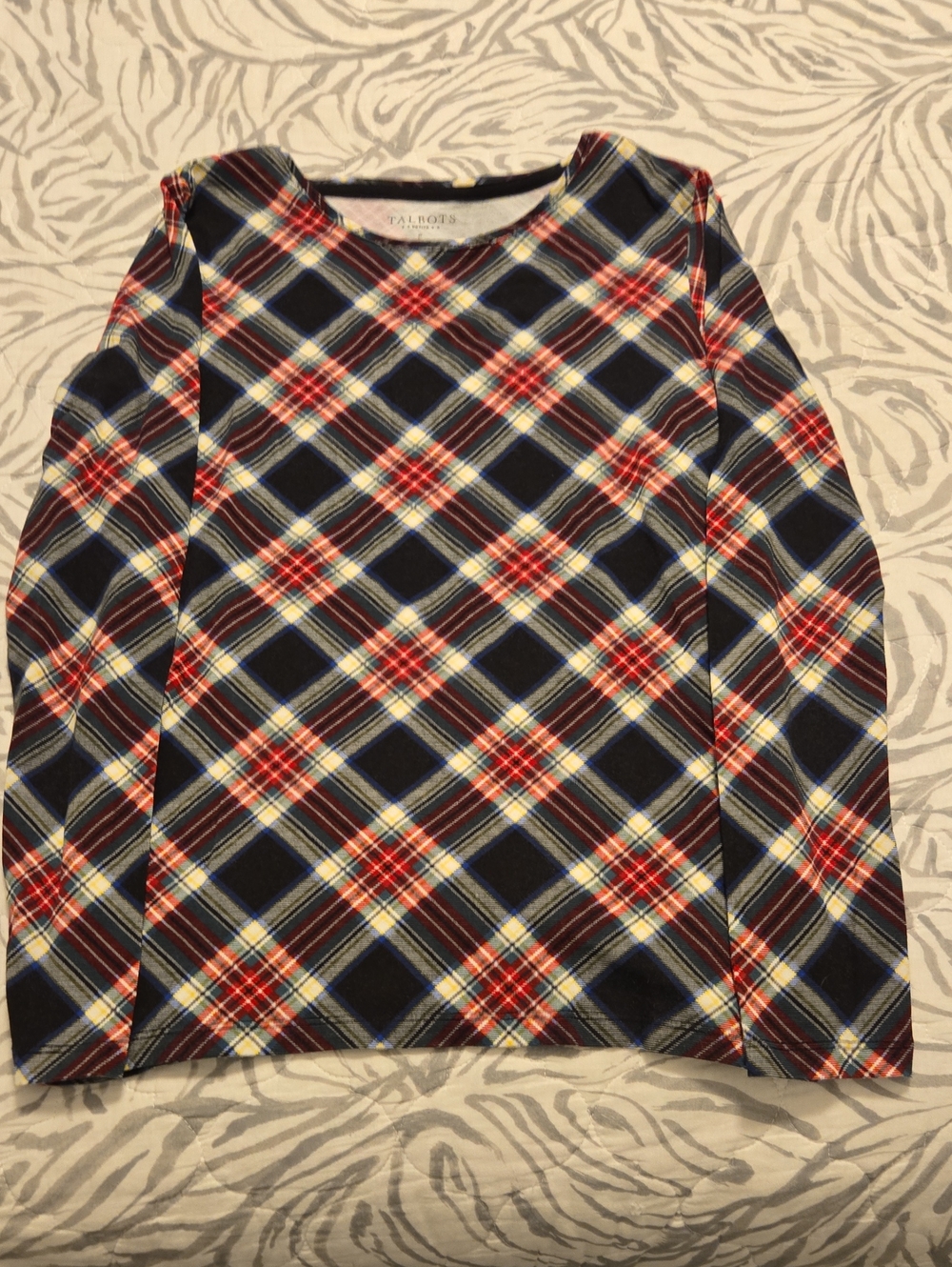 Talbots Navy Red Cream Plaid Long-Sleeve Top, Like New Size Small Petite.